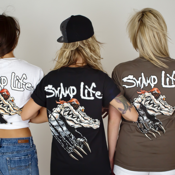 Swamp Life Gator Skull Pirate Strike Through T-Shirt Men's and Women's Apparel